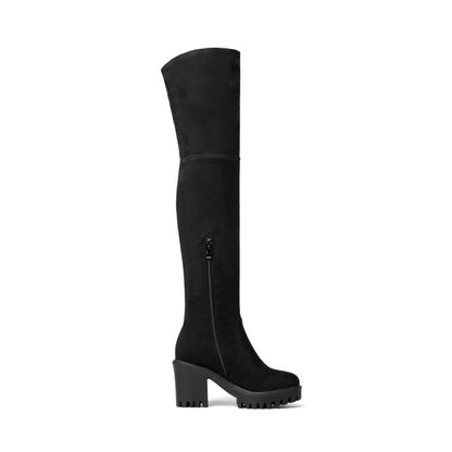 Women's Round Toe Side Zippers Block Chunky Heel Platform Over the Knee Boots