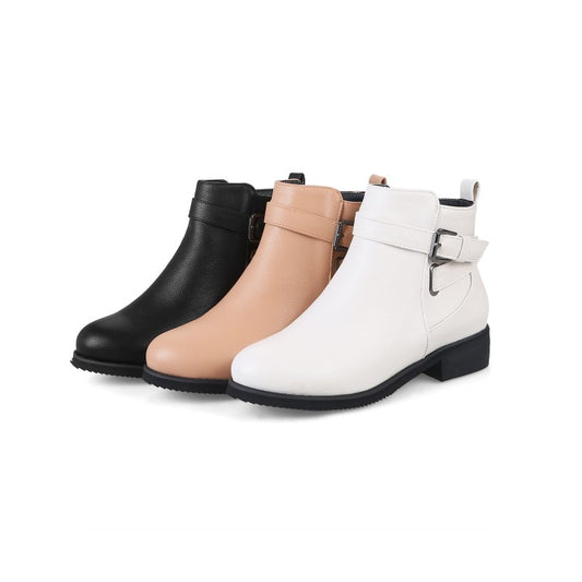 Women's Pu Leather Round Toe Side Zippers Buckle Straps Block Chunky Heel Ankle Boots