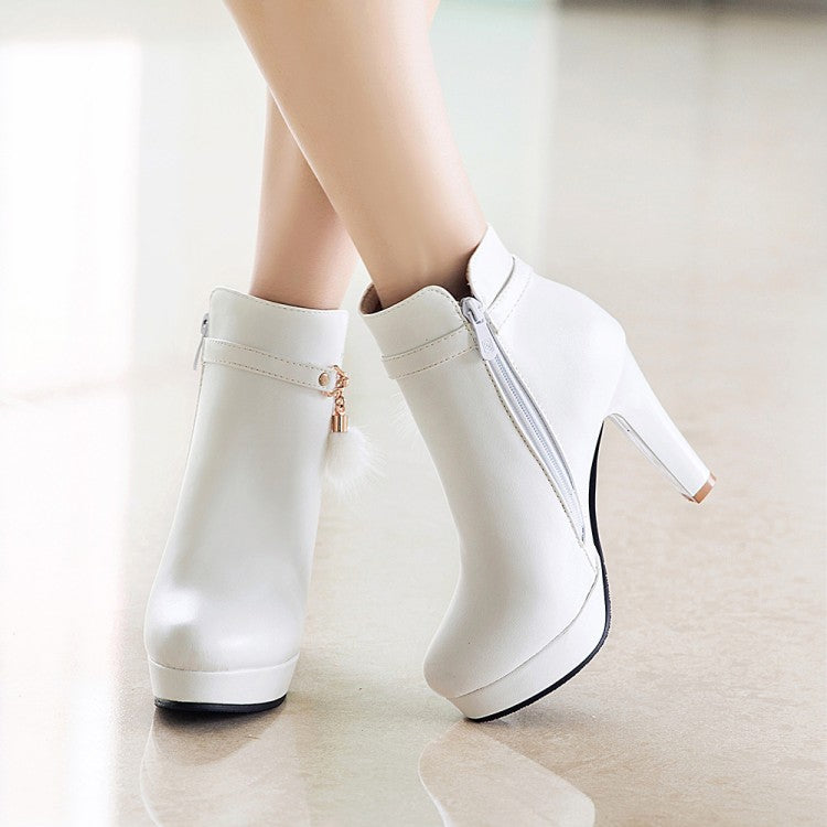 Women's Pu Leather Almond Toe Fur Ball Side Zippers Block Chunky Heel Platform Short Boots