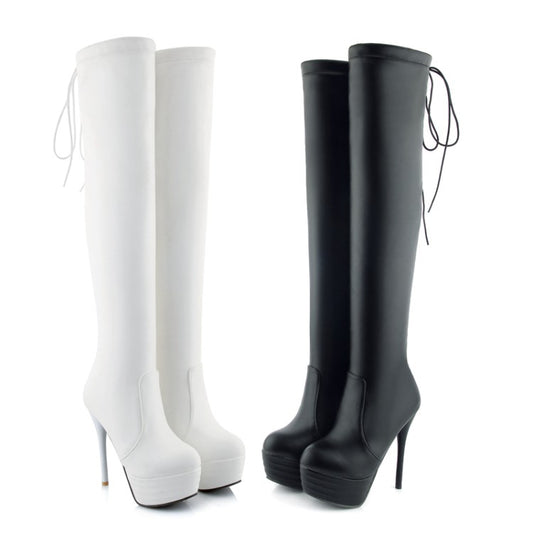 Women's Pu Leather Round Toe Back Tied Straps Stiletto Heel Platform Over-The-Knee Boots