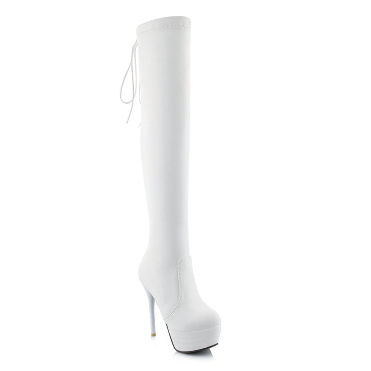 Women's Pu Leather Round Toe Back Tied Straps Stiletto Heel Platform Over-The-Knee Boots