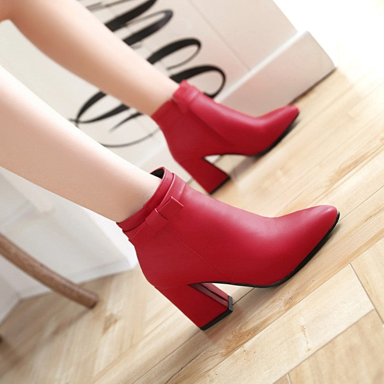 Women's Pu Leather Pointed Toe Bow Tie Side Zippers Block Chunky Heel Short Boots