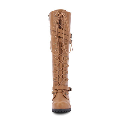 Women's Crossed Lace Up Puppy Heel Knee High Boots