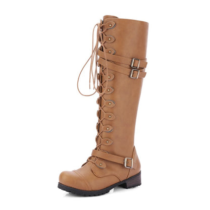 Women's Crossed Lace Up Puppy Heel Knee High Boots