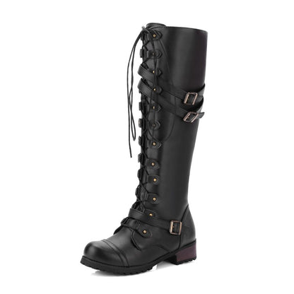 Women's Crossed Lace Up Puppy Heel Knee High Boots