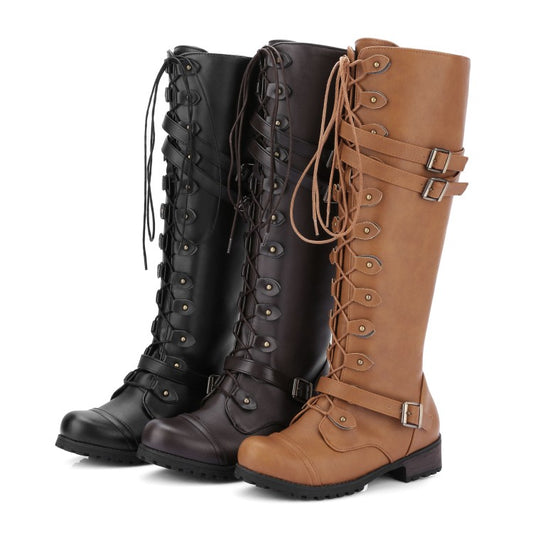 Women's Crossed Lace Up Puppy Heel Knee High Boots