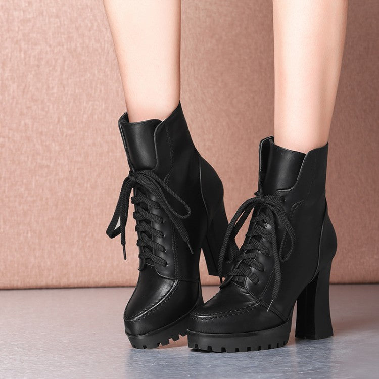 Women's Pu Leather Stitch Round Toe Lace Up Spool Heel Platform Short Boots