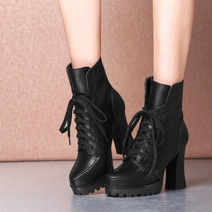 Women's Pu Leather Stitch Round Toe Lace Up Spool Heel Platform Short Boots