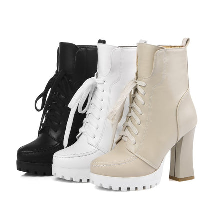 Women's Pu Leather Stitch Round Toe Lace Up Spool Heel Platform Short Boots