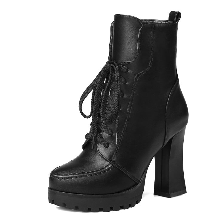 Women's Pu Leather Stitch Round Toe Lace Up Spool Heel Platform Short Boots