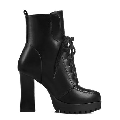 Women's Pu Leather Stitch Round Toe Lace Up Spool Heel Platform Short Boots