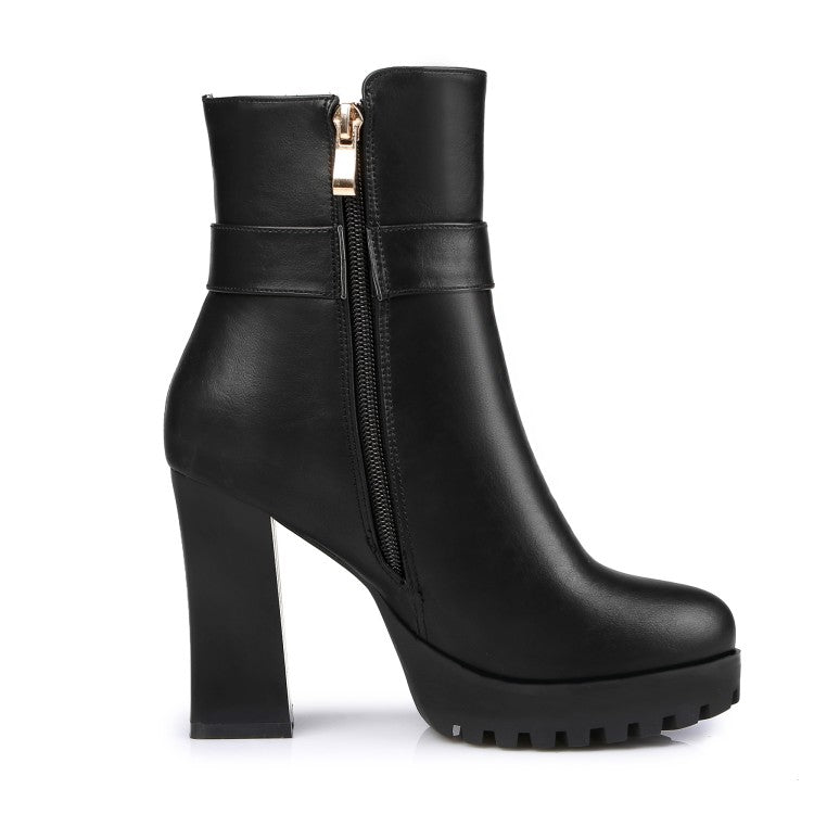 Women's Pu Leather Round Toe Side Zippers Metal Tassel Spool Heel Platform Short Boots