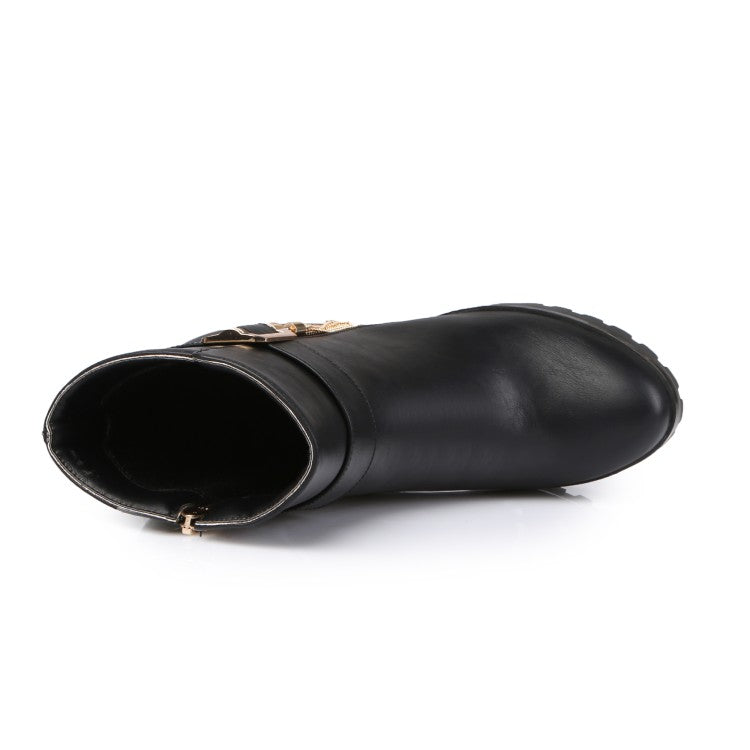 Women's Pu Leather Round Toe Side Zippers Metal Tassel Spool Heel Platform Short Boots