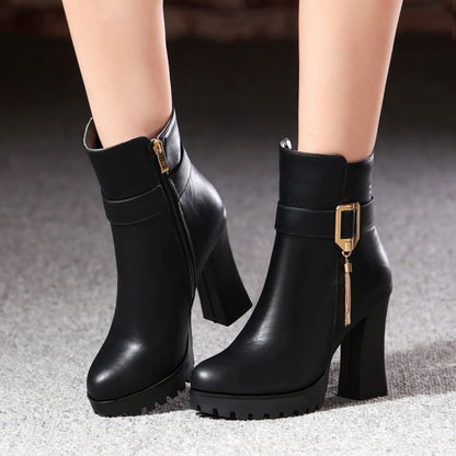 Women's Pu Leather Round Toe Side Zippers Metal Tassel Spool Heel Platform Short Boots