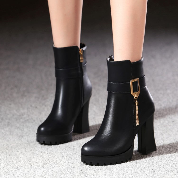 Women's Pu Leather Round Toe Side Zippers Metal Tassel Spool Heel Platform Short Boots