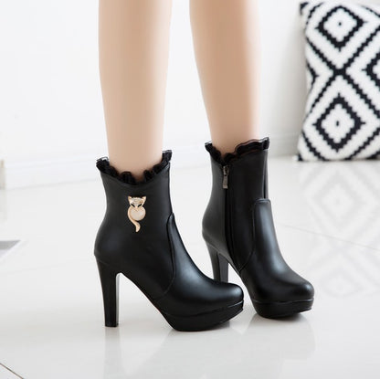 Women's Pu Leather Almond Toe Lace Side Zippers Rhinestone Block Chunky Heel Platform Short Boots