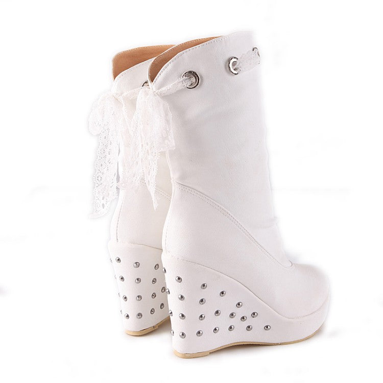Women's Round Toe Lace Tied Straps Rivets Wedge Heel Platform Mid Calf Boots