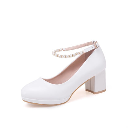 Women's Shallow Pearls Ankle Strap Block Heel Platform Pumps