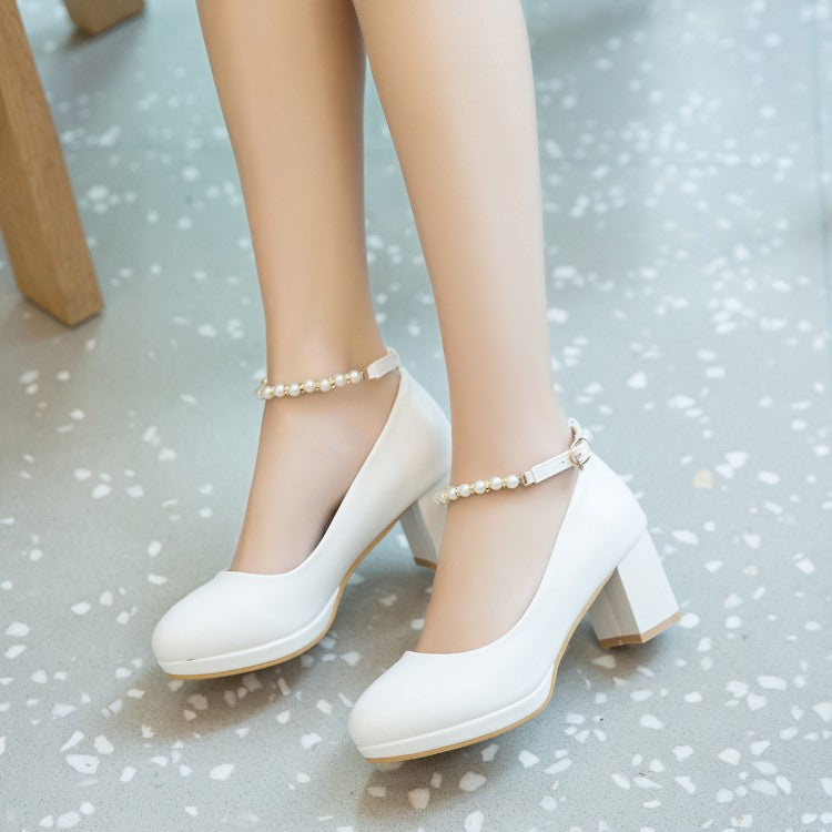 Women's Shallow Pearls Ankle Strap Block Heel Platform Pumps