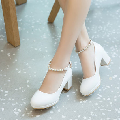 Women's Shallow Pearls Ankle Strap Block Heel Platform Pumps