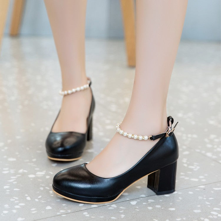 Women's Shallow Pearls Ankle Strap Block Heel Platform Pumps