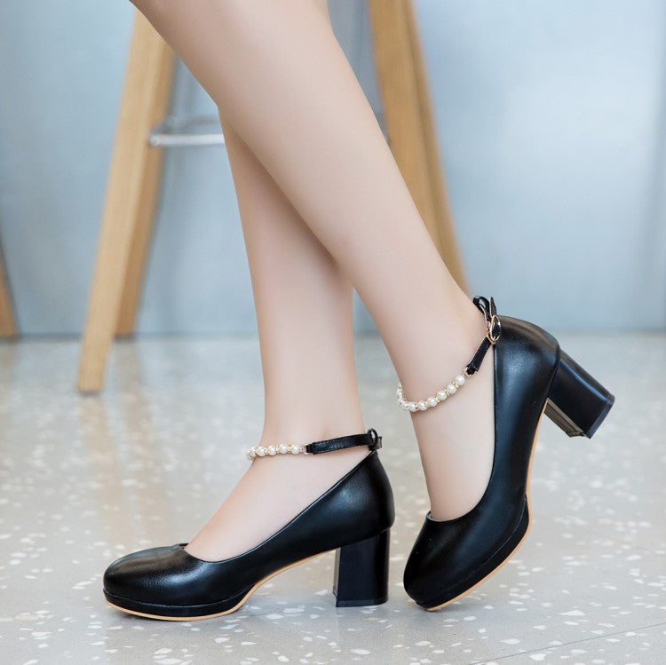 Women's Shallow Pearls Ankle Strap Block Heel Platform Pumps