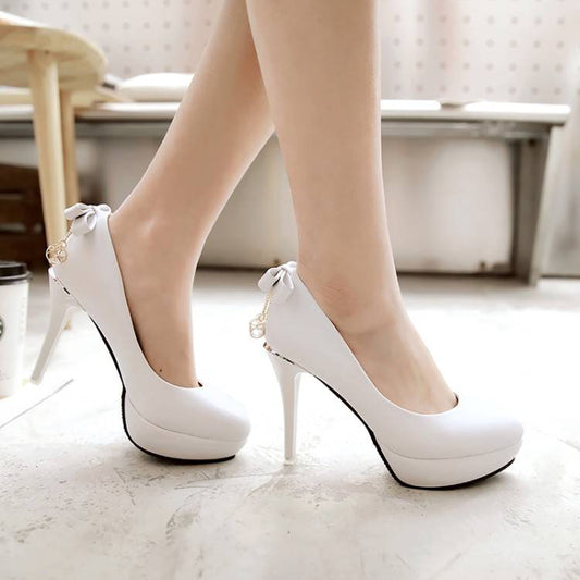 Women Back Bow Tie Rhinestone Pendants Stiletto Heel Platform Pumps