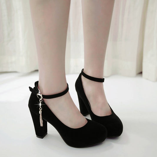 Women Shallow Ankle Strap Tassel Block Chunky Heel Pumps