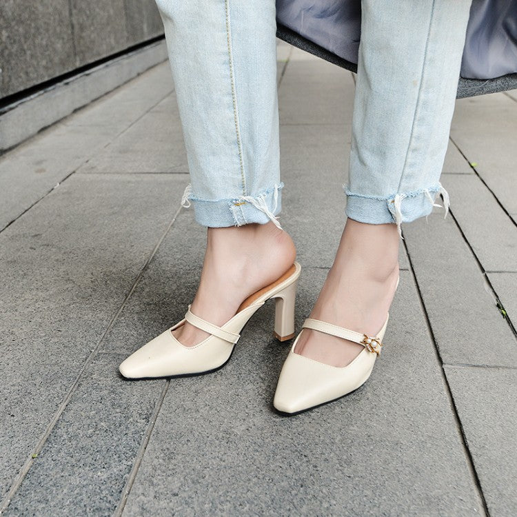Women's Pointed Toe Pearls Chunky Heel Slides Slip On Sandals