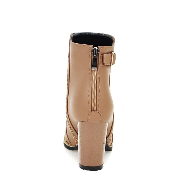 Women's Pu Leather Round Toe Stitch Buckle Straps Block Chunky Heel Back Zippers Short Boots