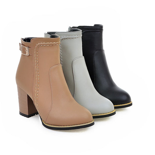 Women's Pu Leather Round Toe Stitch Buckle Straps Block Chunky Heel Back Zippers Short Boots