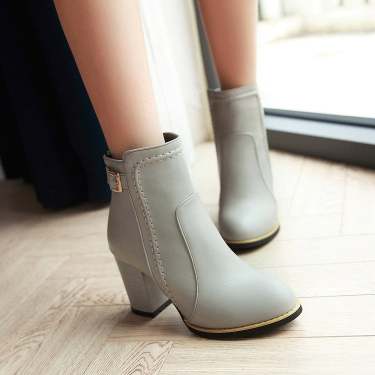 Women's Pu Leather Round Toe Stitch Buckle Straps Block Chunky Heel Back Zippers Short Boots