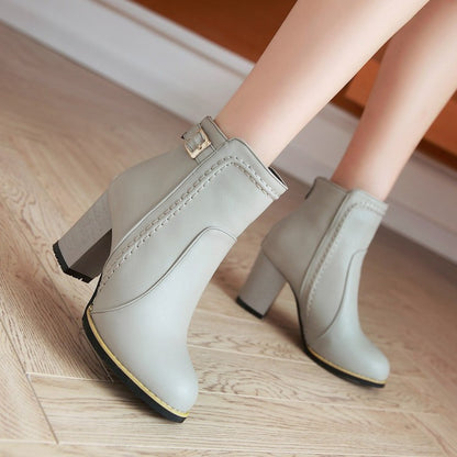 Women's Pu Leather Round Toe Stitch Buckle Straps Block Chunky Heel Back Zippers Short Boots