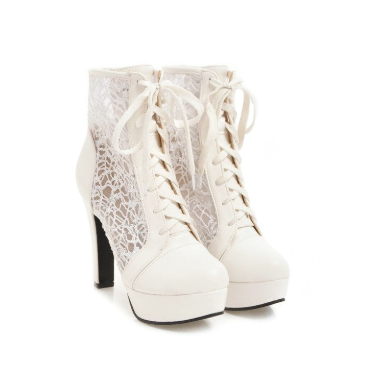 Women's Almond Toe Lace Lace-Up Clear Block Chunky Heel Platform Short Boots