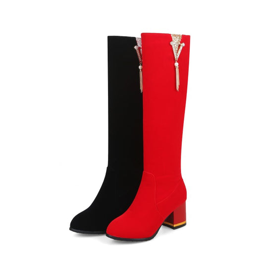 Women's Flock Rhinestone Tassel Side Zippers Block Chunky Heel Knee High Boots