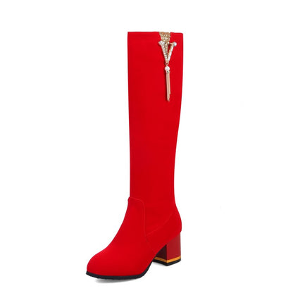 Women's Flock Rhinestone Tassel Side Zippers Block Chunky Heel Knee High Boots