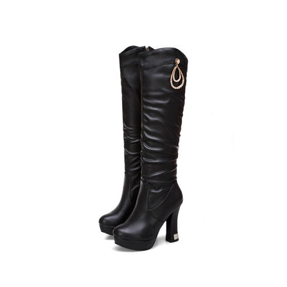 Women's Side Zippers Rhinestone Spool Heel Platform Knee High Boots