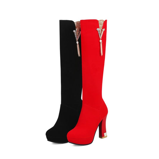Women's Flock Rhinestone Tassel Side Zippers Spool Heel Platform Knee High Boots