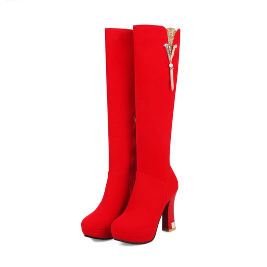 Women's Flock Rhinestone Tassel Side Zippers Spool Heel Platform Knee High Boots