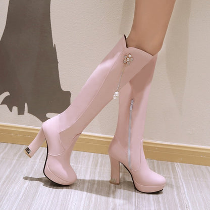 Women's Side Zippers Rhinestone Flora Pearls Block Chunky Heel Platform Knee High Boots