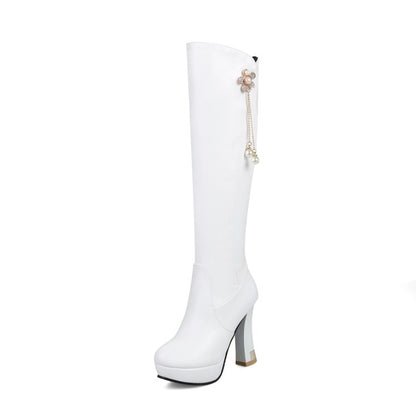 Women's Side Zippers Rhinestone Flora Pearls Block Chunky Heel Platform Knee High Boots