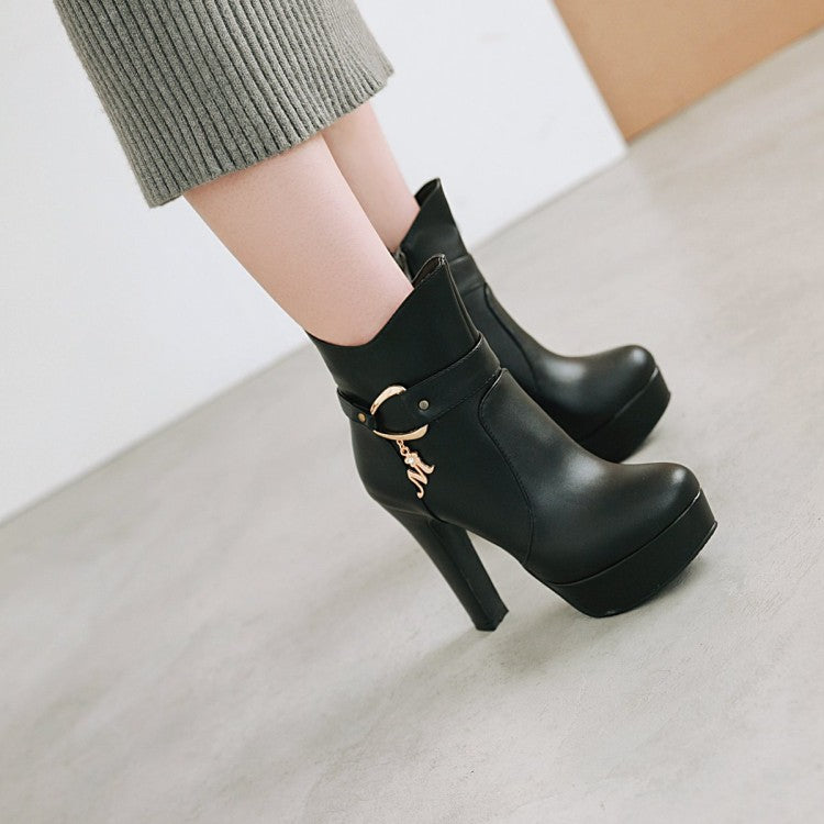 Women's Pu Leather Almond Toe Buckle Straps Block Chunky Heel Side Zippers Platform Short Boots