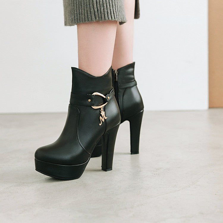 Women's Pu Leather Almond Toe Buckle Straps Block Chunky Heel Side Zippers Platform Short Boots