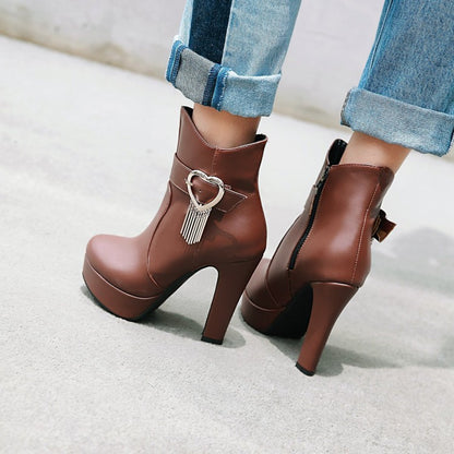 Women's Pu Leather Almond Toe Love Hearts Buckle Straps Tassel Block Chunky Heel Platform Short Boots