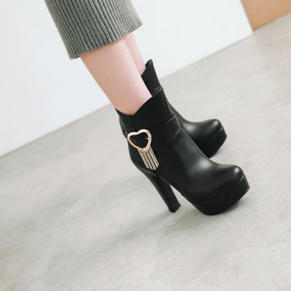 Women's Pu Leather Almond Toe Love Hearts Buckle Straps Tassel Block Chunky Heel Platform Short Boots