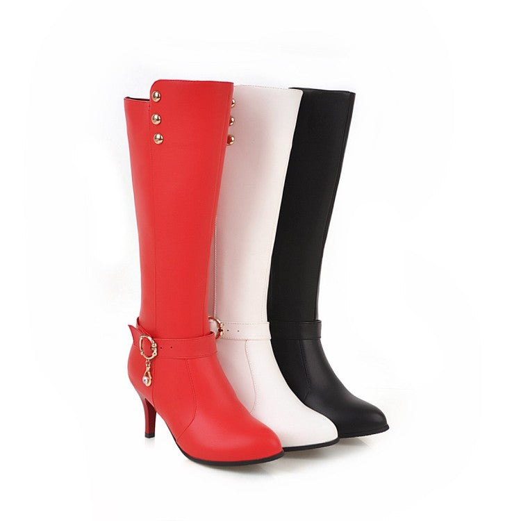 Women's Rivets Rhinestone Buckle Straps Side Zippers Kitten Heel Knee High Boots