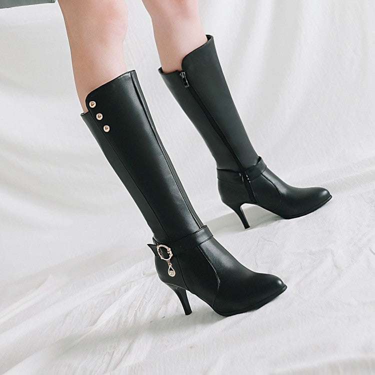 Women's Rivets Rhinestone Buckle Straps Side Zippers Kitten Heel Knee High Boots