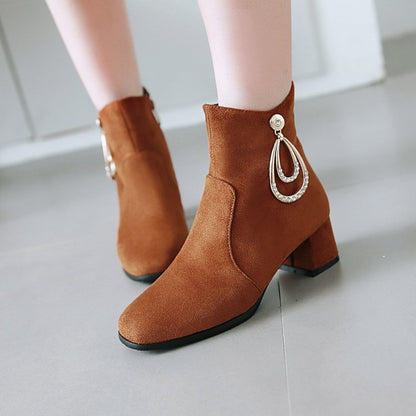 Women's Flock Round Toe Rhinestone Pendants Side Zippers Block Chunky Heel Short Boots