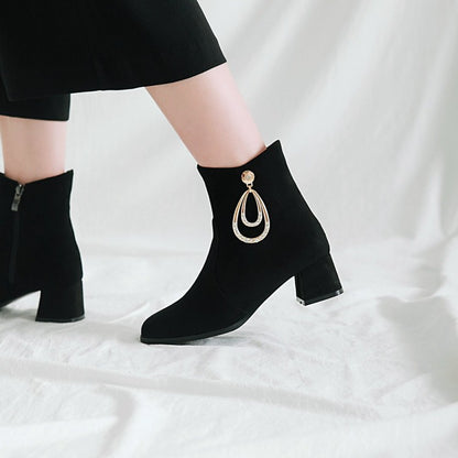 Women's Flock Round Toe Rhinestone Pendants Side Zippers Block Chunky Heel Short Boots