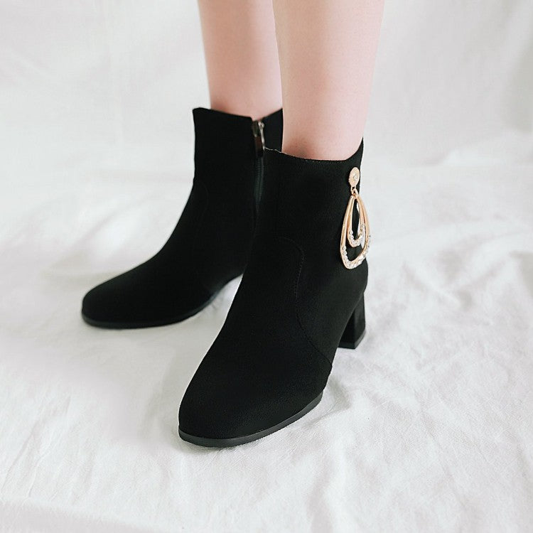 Women's Flock Round Toe Rhinestone Pendants Side Zippers Block Chunky Heel Short Boots